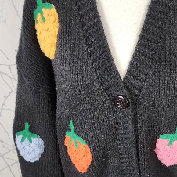 Dreamers Black Knit 3D Colorful Strawberries Boxy Fit Cardigan - Picture 2 of 6